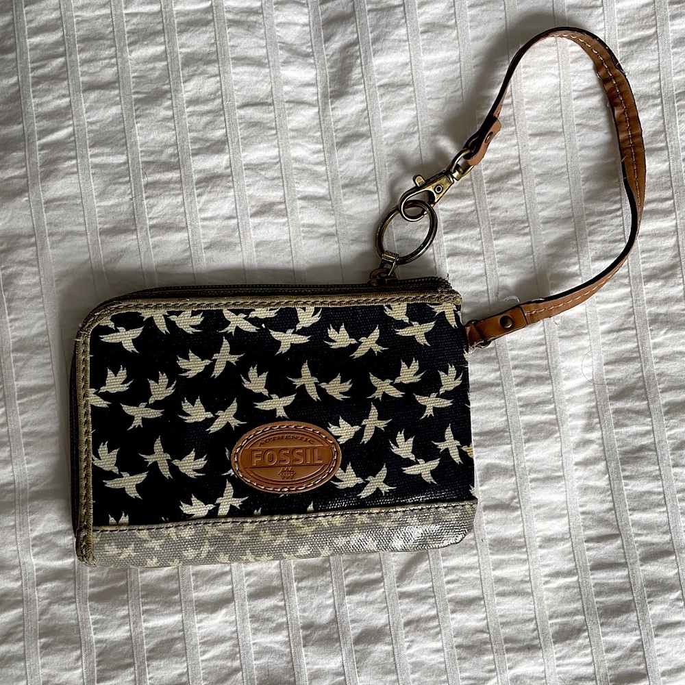 Fossil bird print wristlet